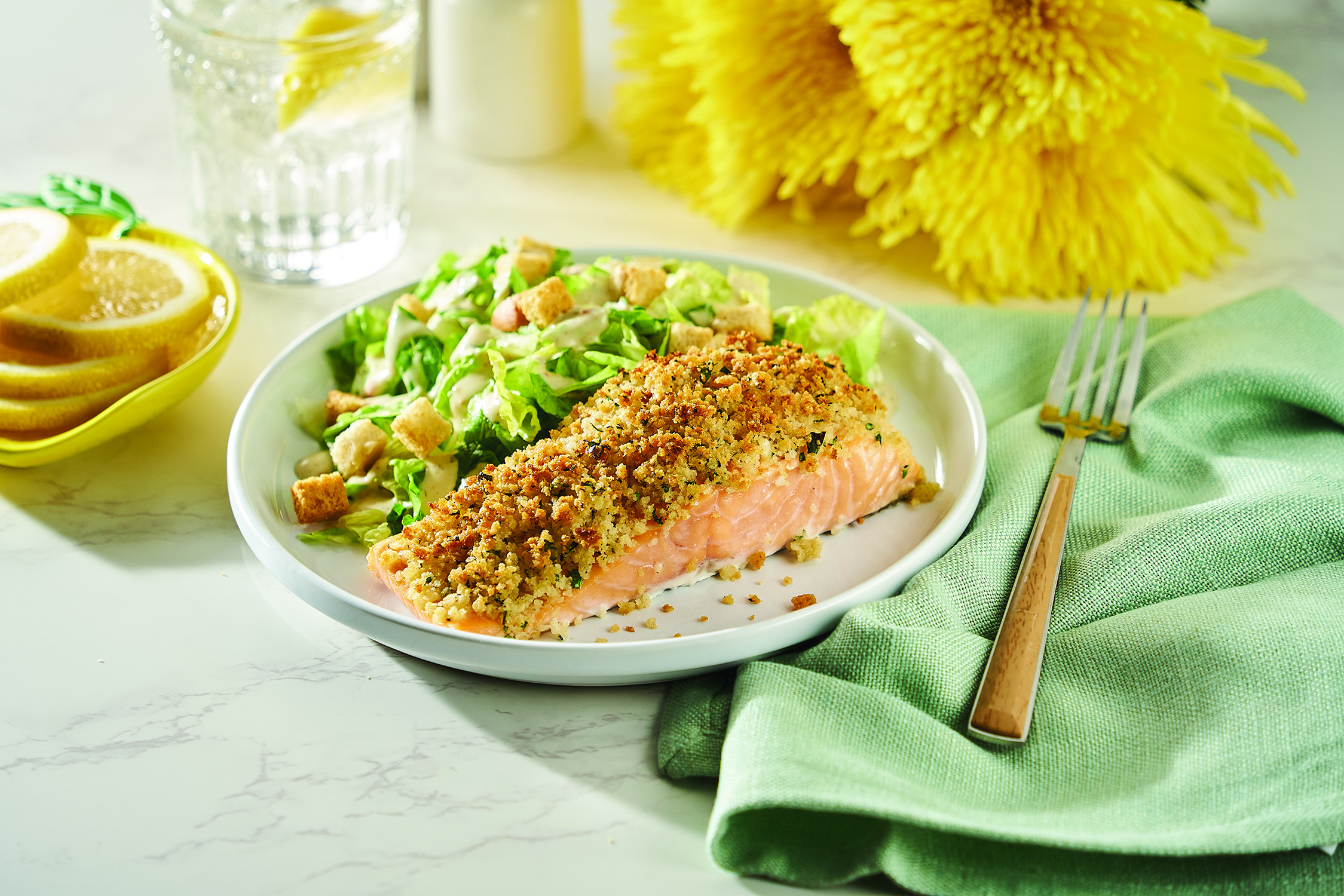 Italian Crusted Salmon with Creamy Truffle Caesar Salad