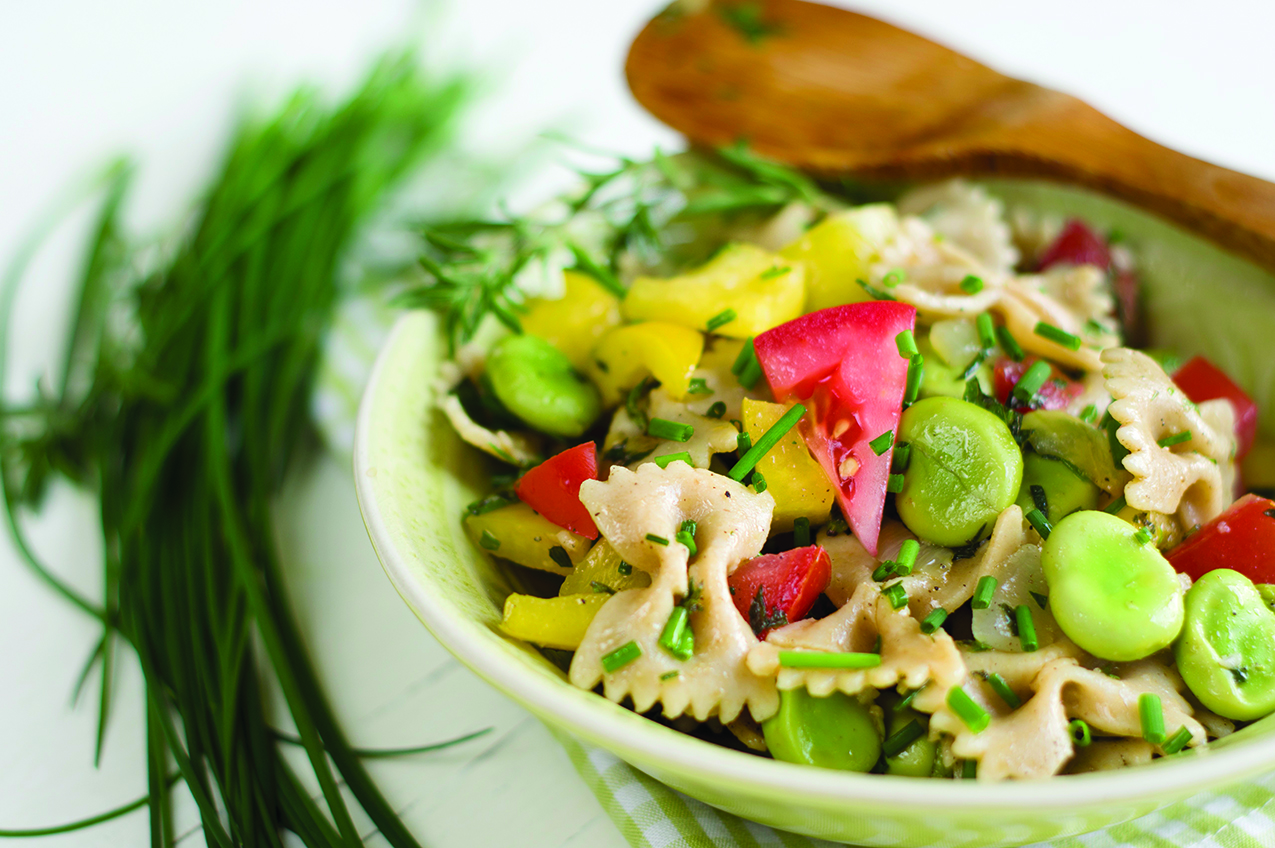 Pasta Salad with Broad Beans, Tomatoes, Peppers, and Herbs