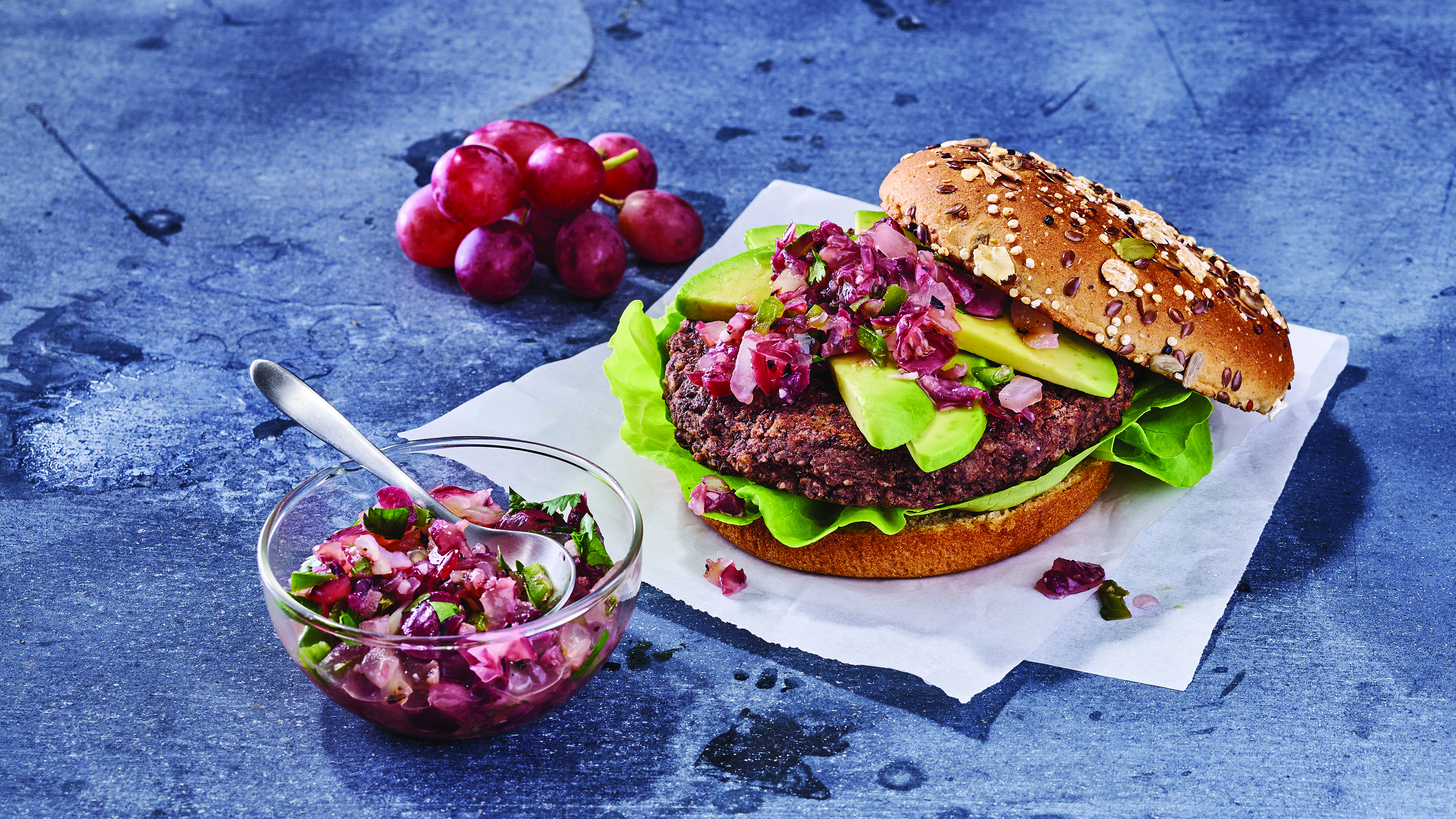 Southwest Black Bean-Lentil Burgers with Charred Grape Salsa