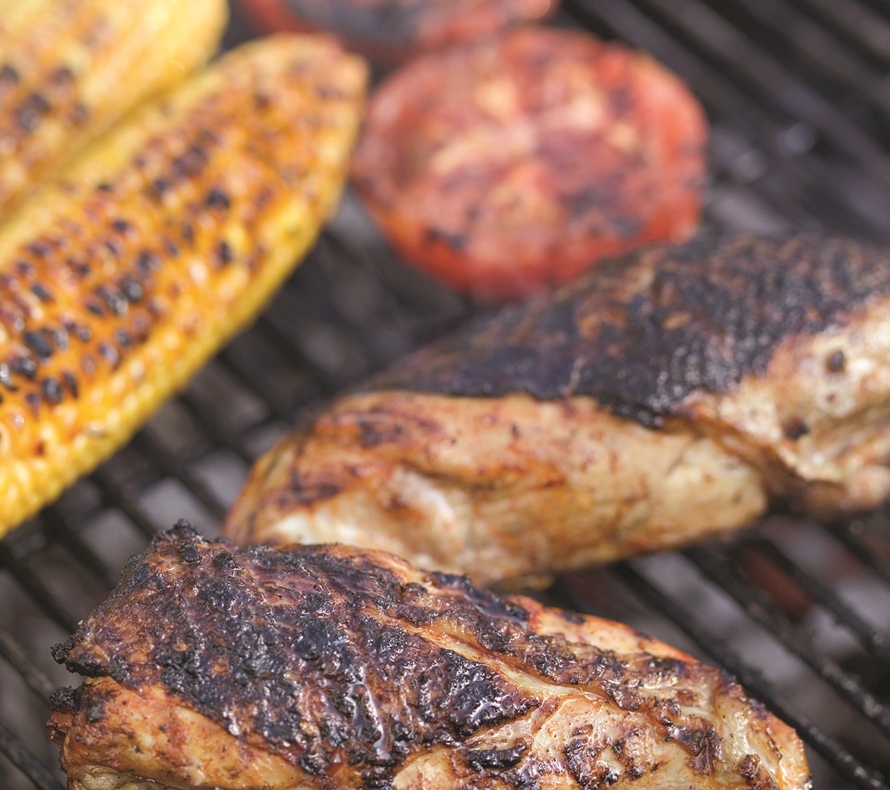 Barbecued Chicken Breast With Grilled Corn and Tomatoes