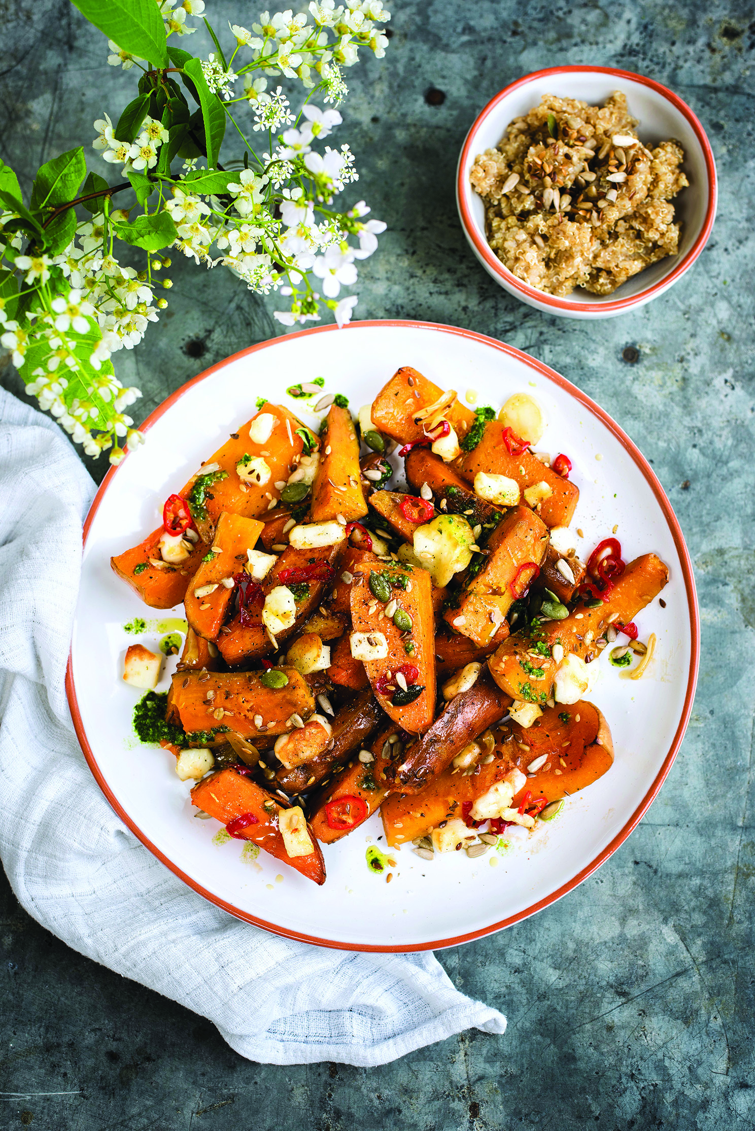 Honey-Glazed Sweet Potatoes & Squash with Chili & Halloumi
